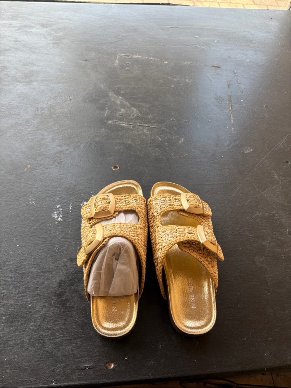 Nine West Gold Woven Slide Sandals